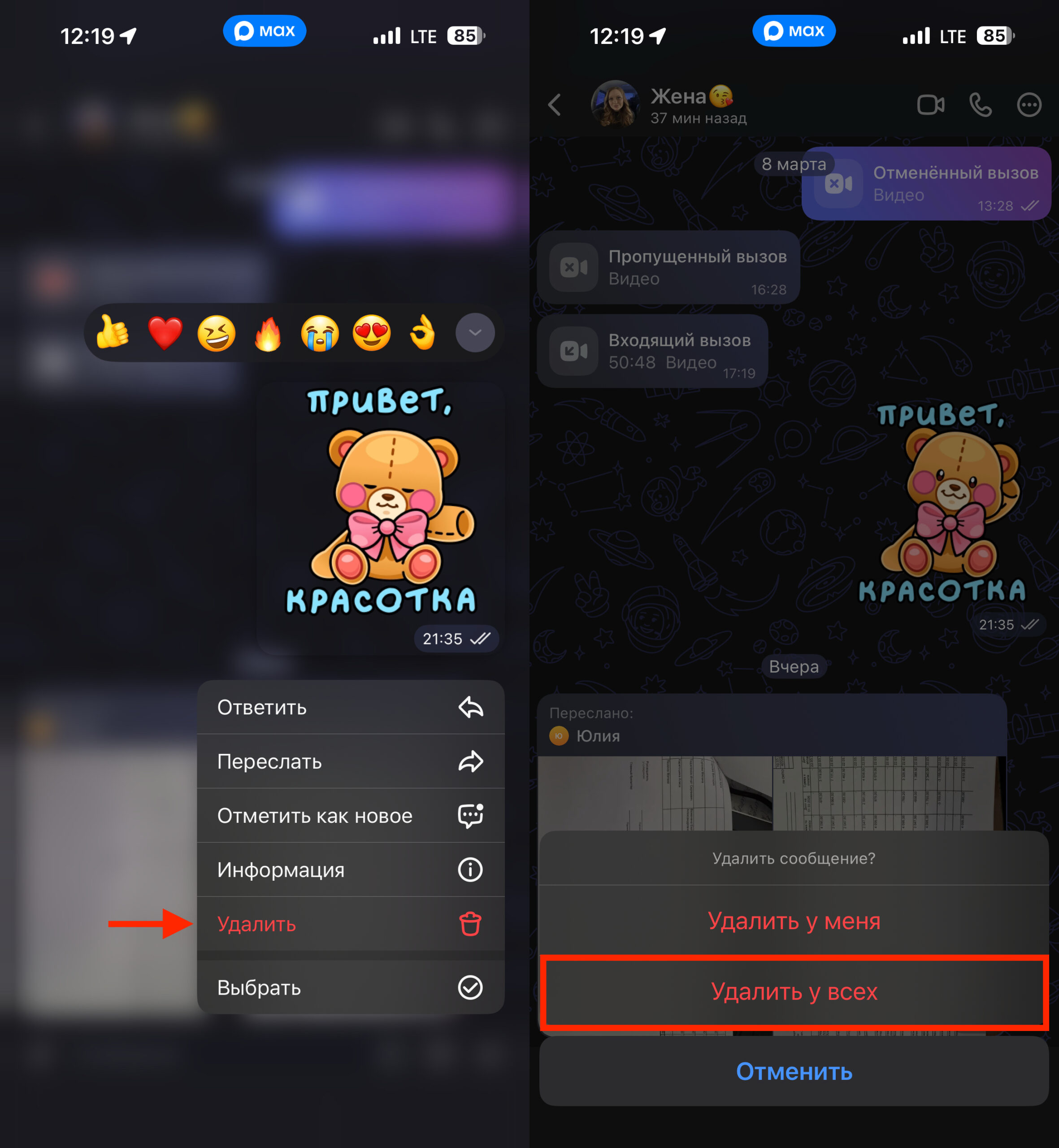 Что значит удалить у всех в MAX. Так удаляется сообщение для всех. Фото.