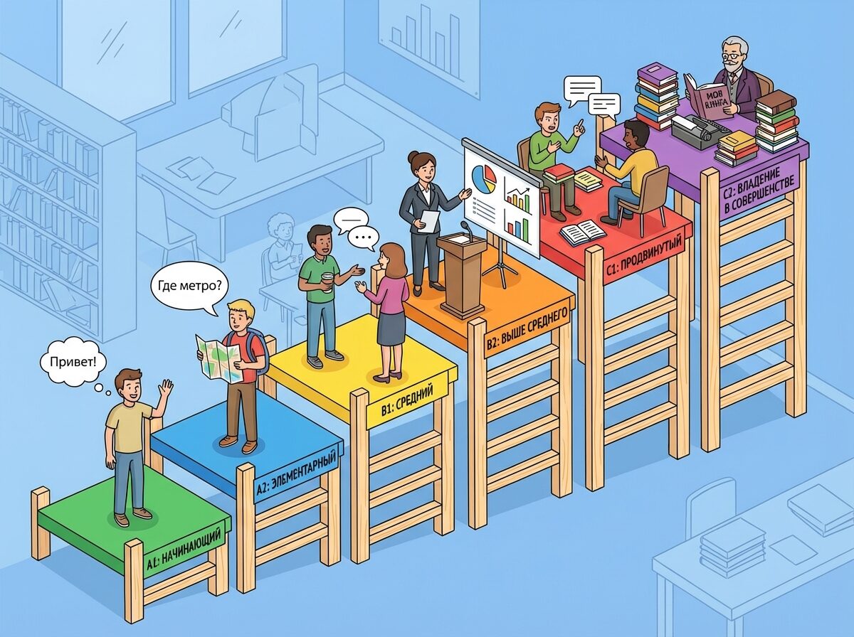 Что такое уровни английского и шкала CEFR (простыми словами). Уровни — это как ступени с новыми знаниями. Фото.