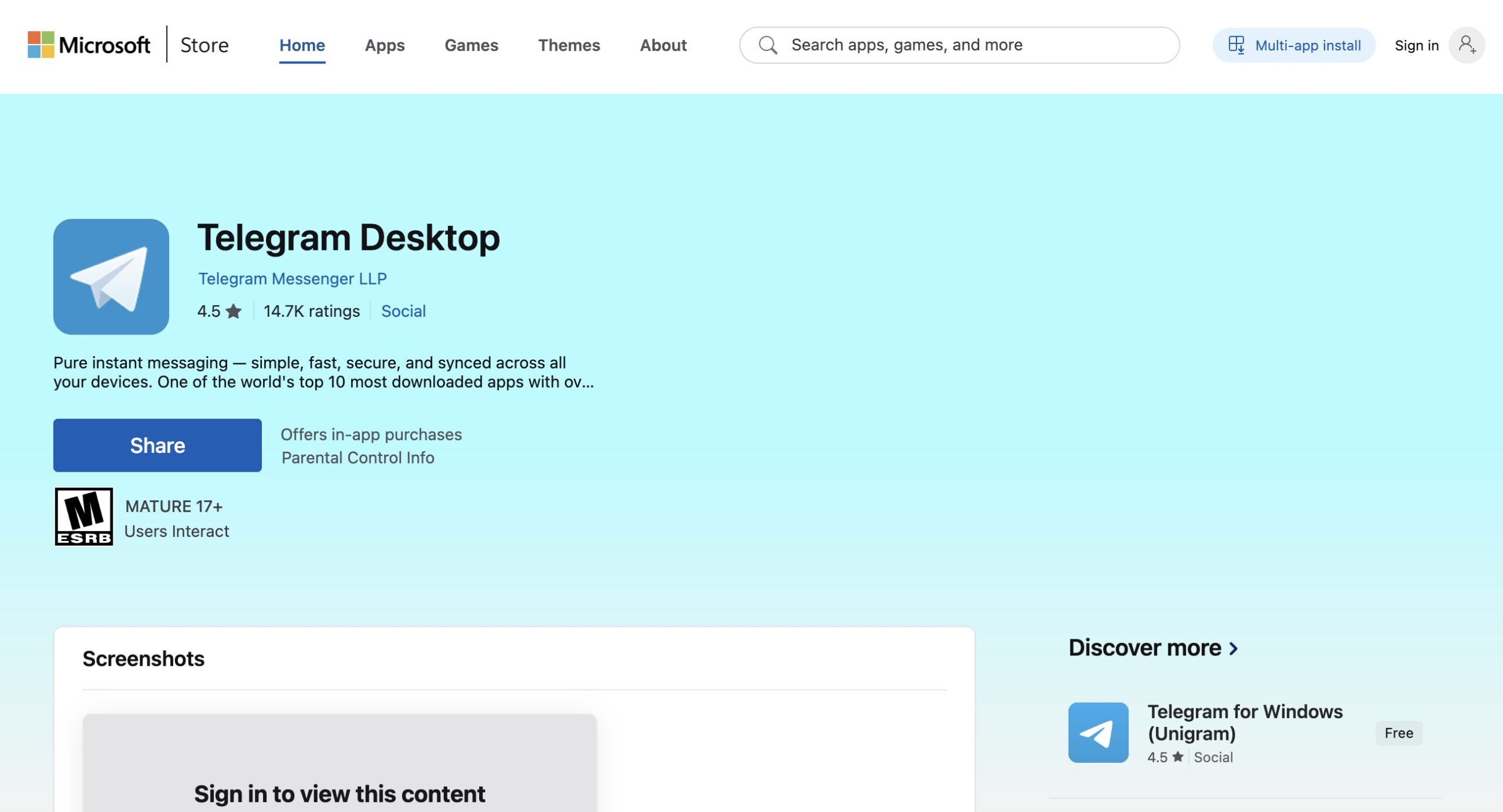 Как установить Telegram на компьютер через Microsoft Store. Приложение есть в Microsoft Store, и кому-то будет удобнее установить его оттуда. Фото.