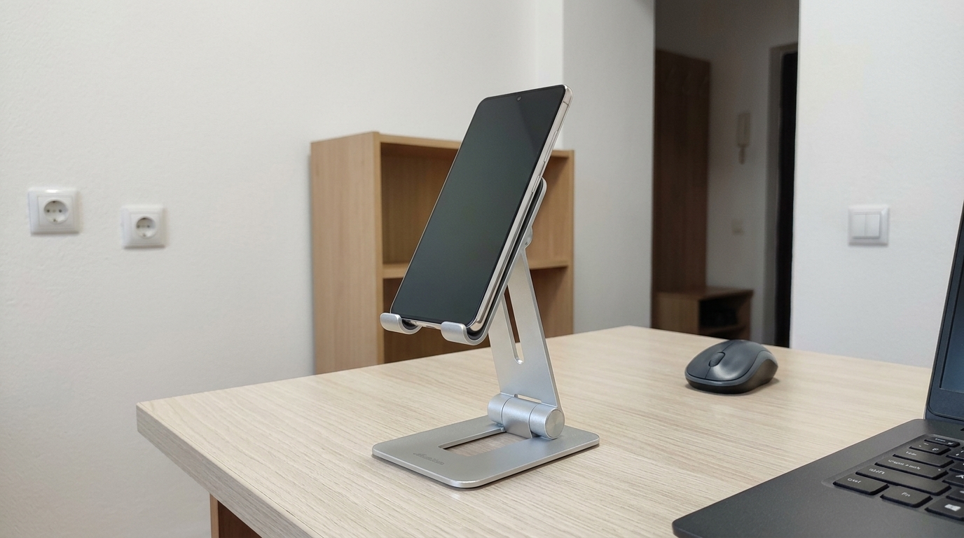 Алюминиевая подставка для Айфона — стоит у меня на столе с осени. Стоит на рабочем столе рядом с монитором — iPhone держит как влитой. Фото.