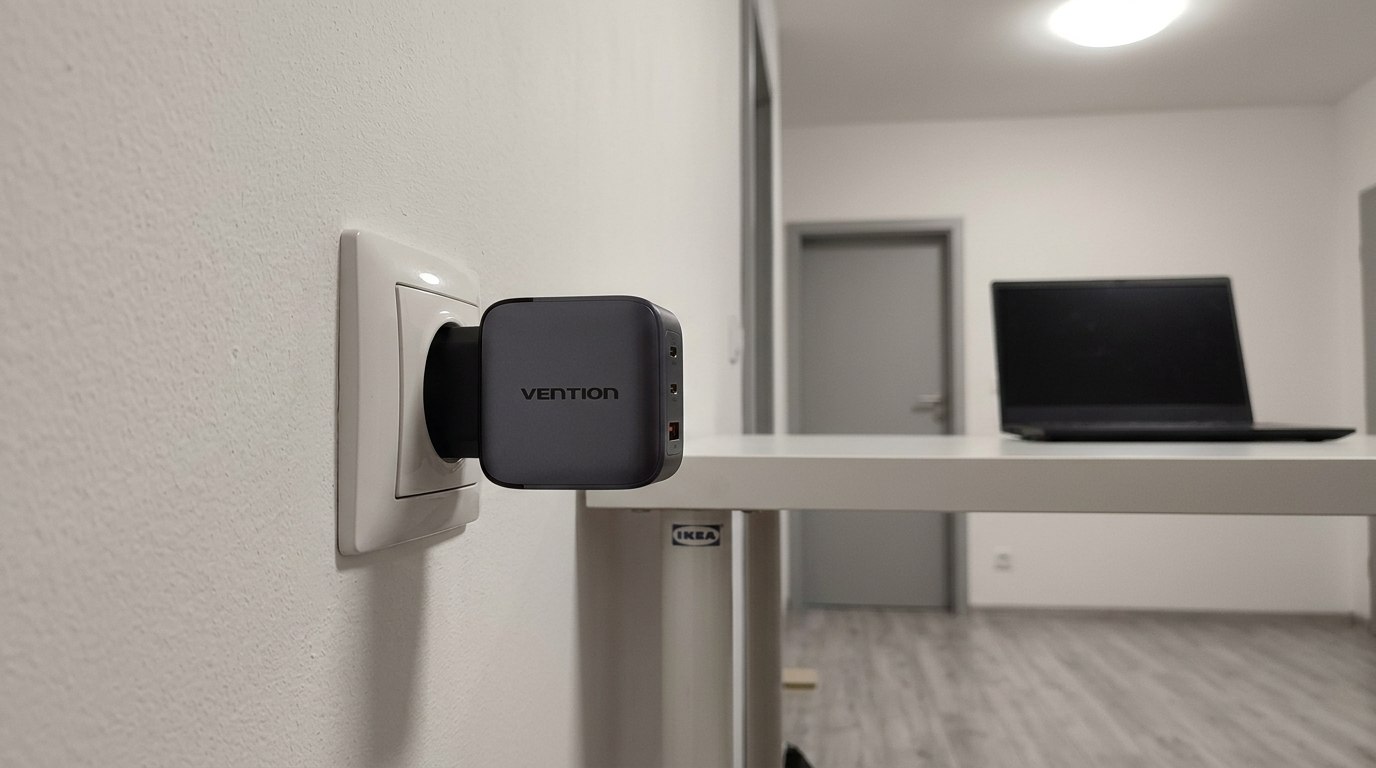 Мощная зарядка для MacBook и iPhone с тремя портами. Отличный блок питания с тремя портами. Фото.