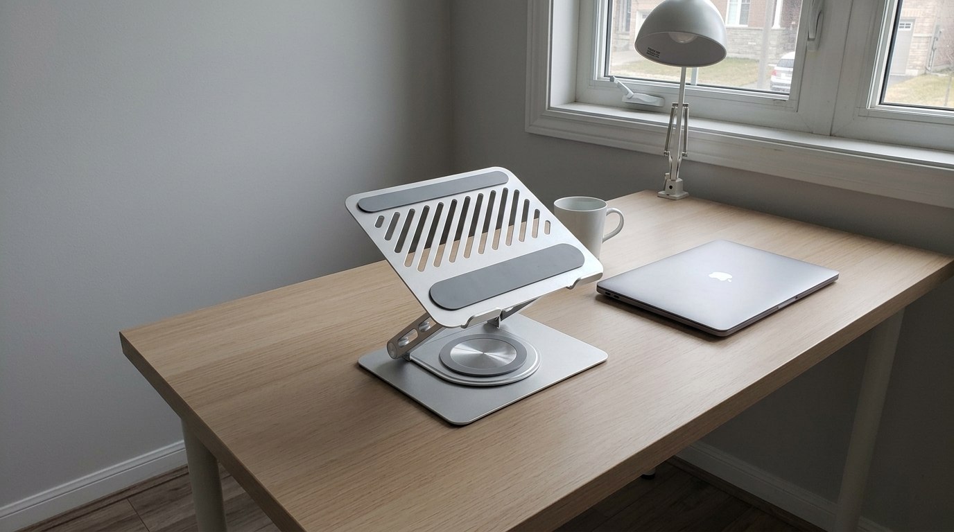 Подставка для удобной работы за MacBook. А с такой подставкой Макбук можно поднять на уровень глаз. Фото.