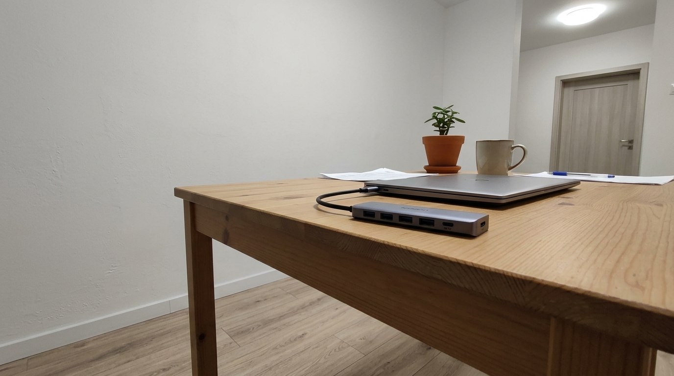 USB-C хаб с дополнительными портами для MacBook. Если надо подключать много внешних устройств, то без хаба не обойтись. Фото.