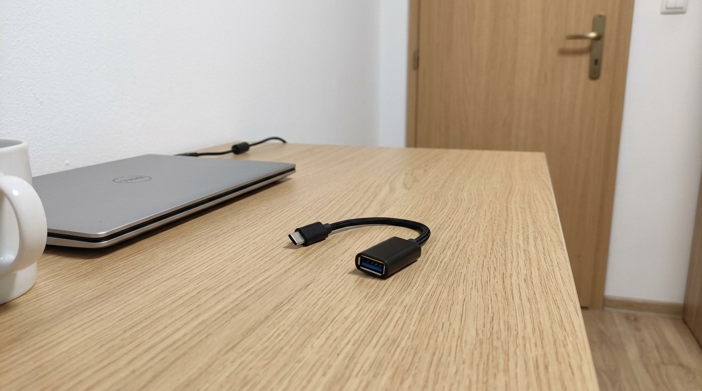 Переходник с USB-C на USB-A для подключения флешек и принтеров. Небольшой переходник, который удобно брать с собой. Фото.