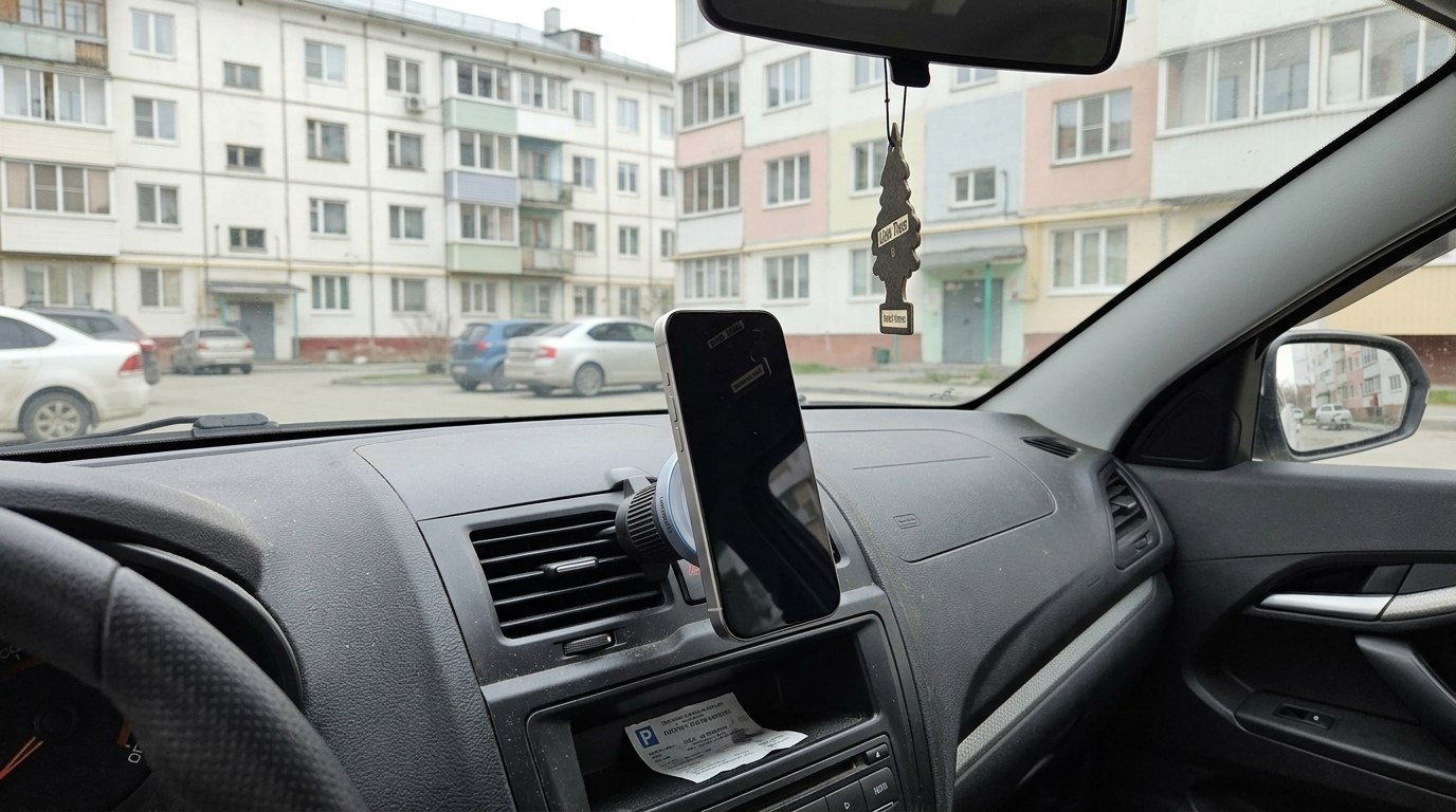 Удобный автомобильный держатель для iPhone с беспроводной зарядкой. Не только держит, но и заряжает смартфон. Фото.