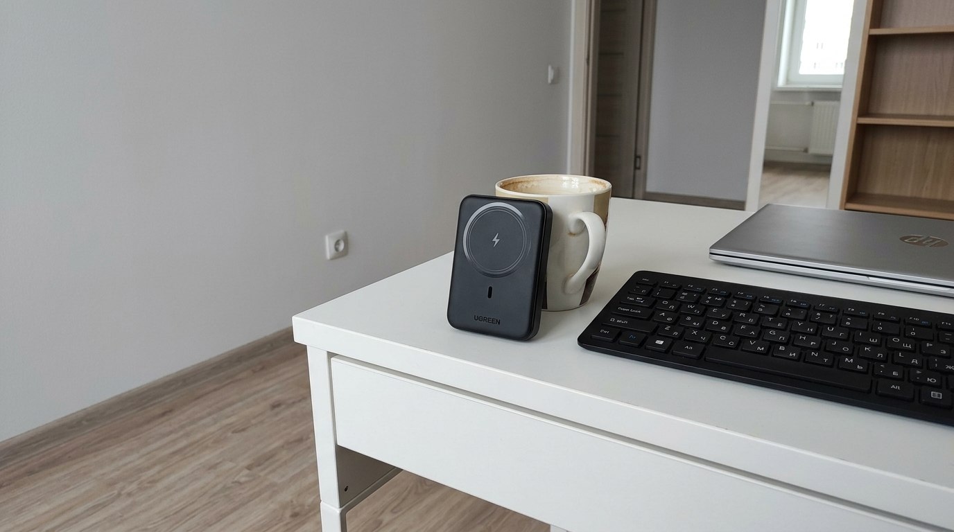 Удобный магнитный повербанк для iPhone с MagSafe. Пользуюсь таким уже два года. Незаменимая вещь. Фото.