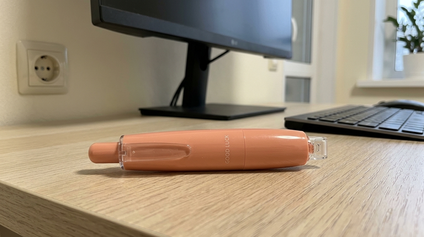 Скотч-ручка — лежит у меня в ящике стола и выручает постоянно. Выглядит как корректор, а внутри — рулон двустороннего скотча. Фото.