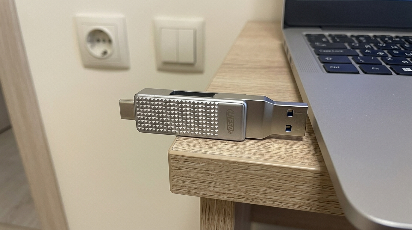 Флешка с USB-C и USB-A — таскаю на связке ключей. Два разъёма на одном корпусе — подключается и к Mac, и к любому Android.. Фото.