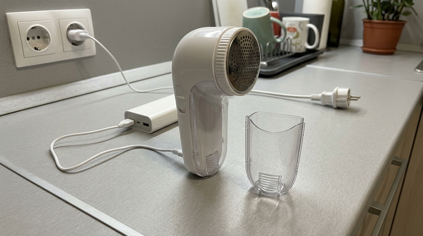 Машинка для катышков — я ей спас три свитера. Подключается к повербанку и работает без перерывов — в отличие от аккумуляторных собратьев.. Фото.