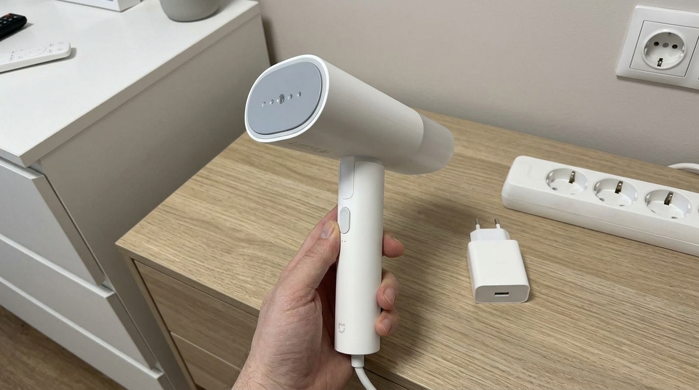 Отпариватель Xiaomi Mijia — утюг я с тех пор не доставал. Стоит в коридоре у вешалки — хватаю перед выходом, за минуту рубашка как новая. Фото.