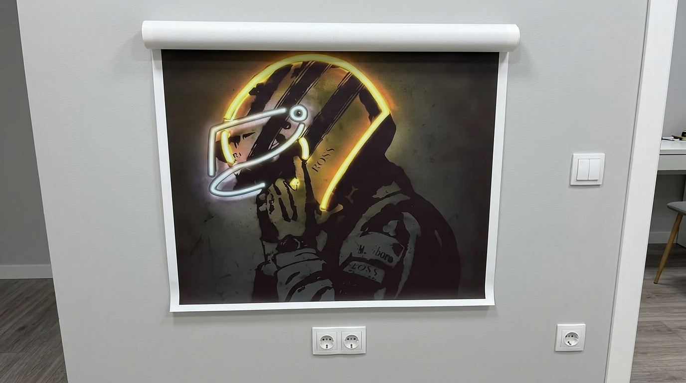 Постер с неоновым шлемом — повесил в коридоре, все спрашивают где брал. Издалека реально кажется, что шлем светится — гости каждый раз подходят разглядывать. Фото.