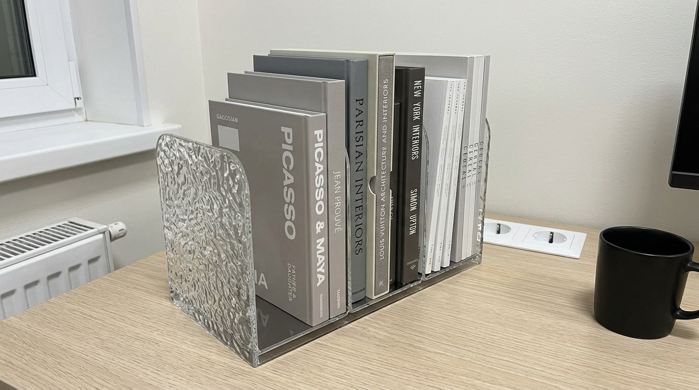 Подставка для книг — стоит у меня на столе второй месяц. Минимализм, который не раздражает, а реально организует пространство.. Фото.