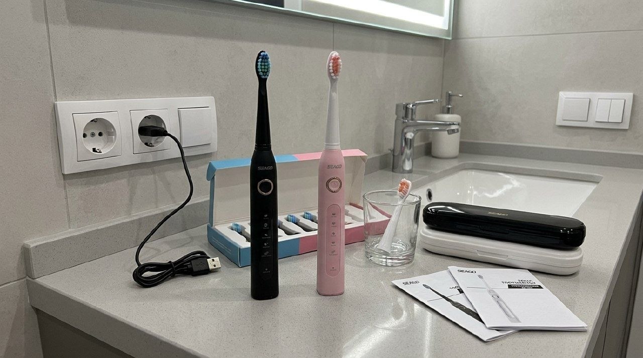 Электрическая зубная щётка с пятью режимами и чехлом. В комплекте насадки, чехол для поездок и батарея, которой хватает надолго.. Фото.