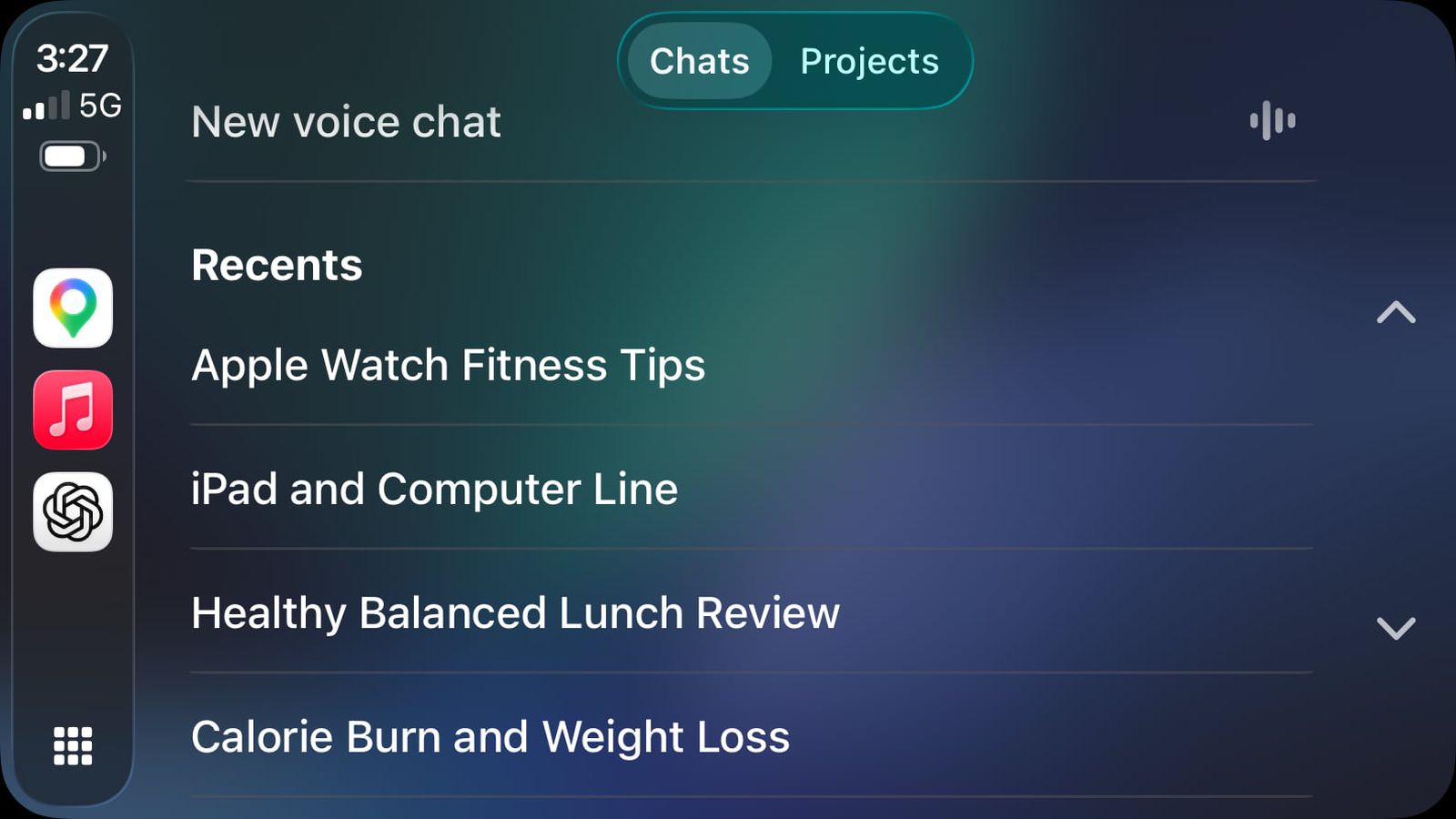 Голосовой режим ChatGPT в CarPlay. Можно даже просматривать предыдущие запросы. Изображение: macrumors.com. Фото.