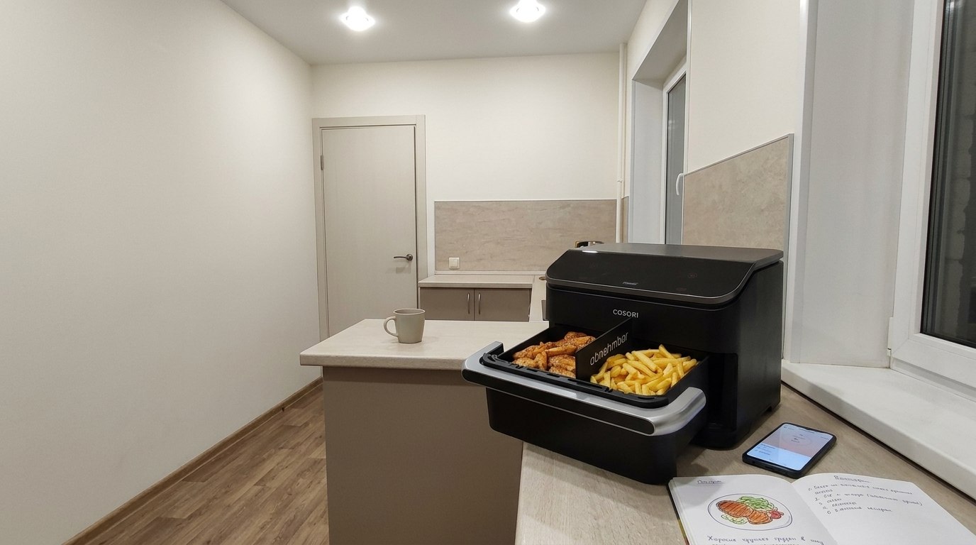 Cosori TF102S: аэрогриль с двумя зонами готовки. Можно готовить за раз два блюда. Фото.