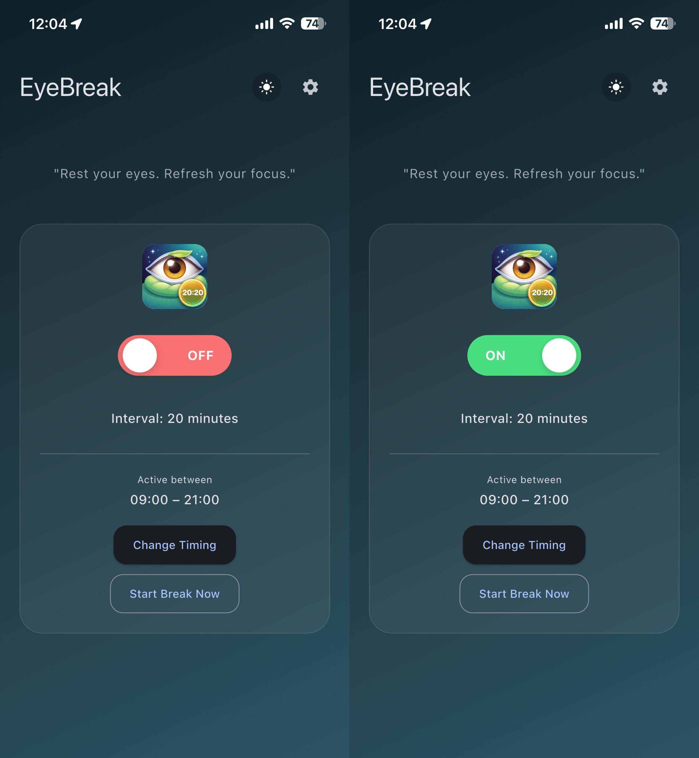 Правило 20-20-20 — как защитить глаза при работе за экраном. Просто включите тумблер и ждите уведомление. Фото.