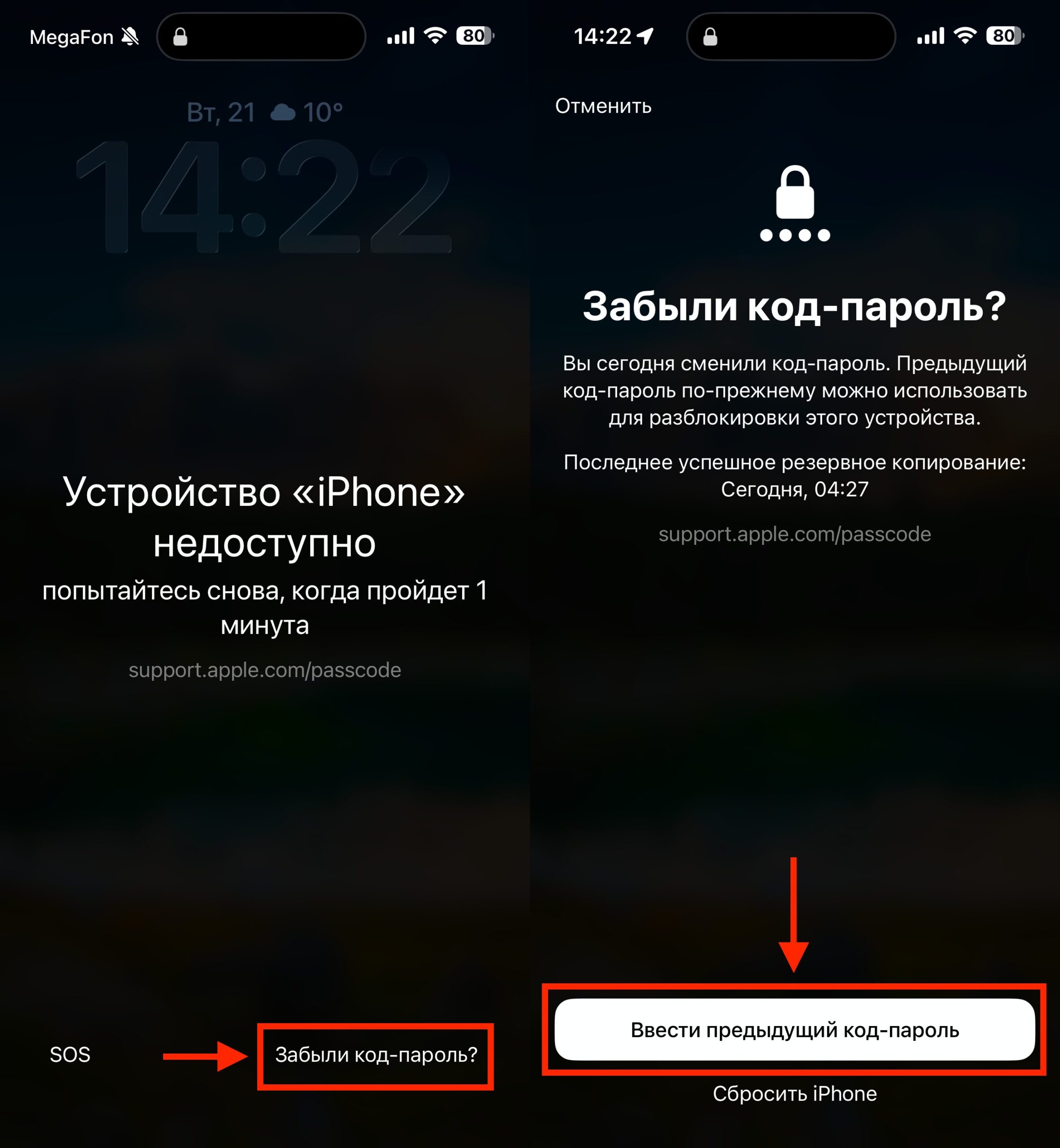 Сброс нового код-пароля iPhone. Разблокируйте iPhone старым паролем. Фото.