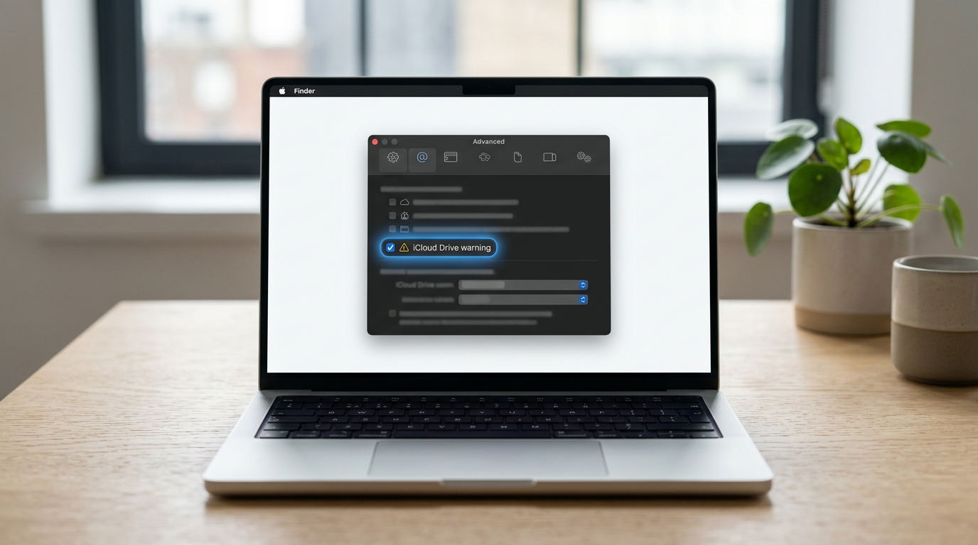 Настройки Finder: вкладка «Дополнительно» с опцией отключения предупреждений iCloud Drive
