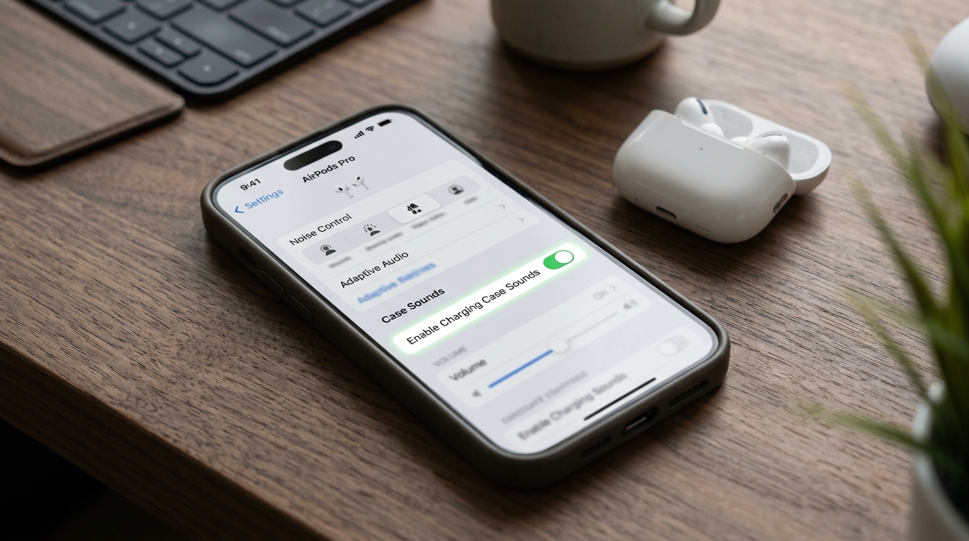 Пункт «Включить звуки зарядного футляра» в настройках AirPods на iPhone