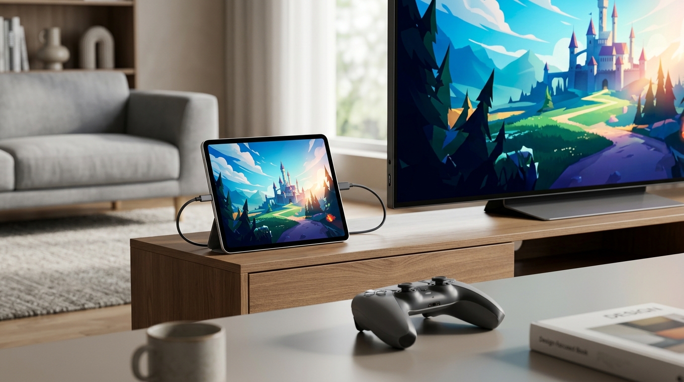 iPad, подключённый к телевизору через USB-C адаптер - геймпад позволяет управлять системой с дивана