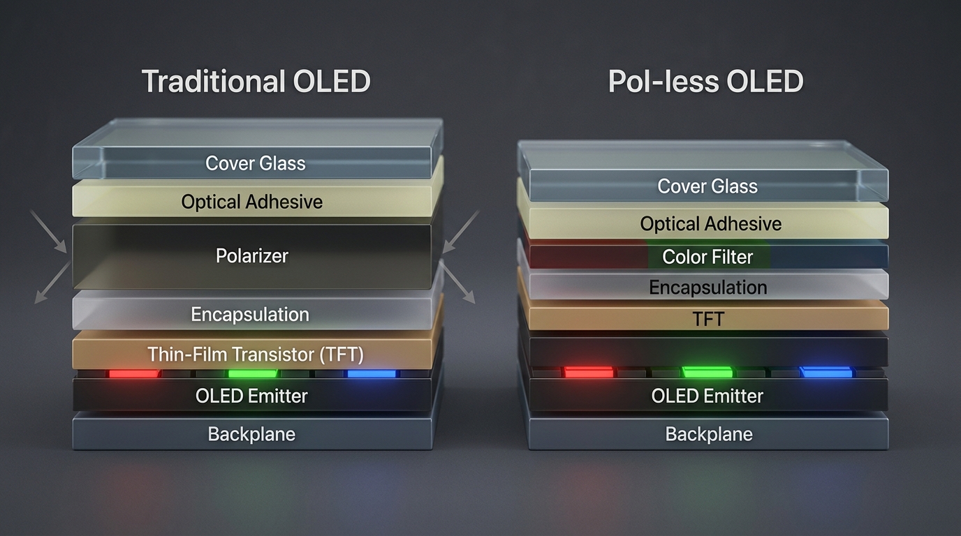 Принципиальное отличие: экран без поляризатора — тоньше и ярче