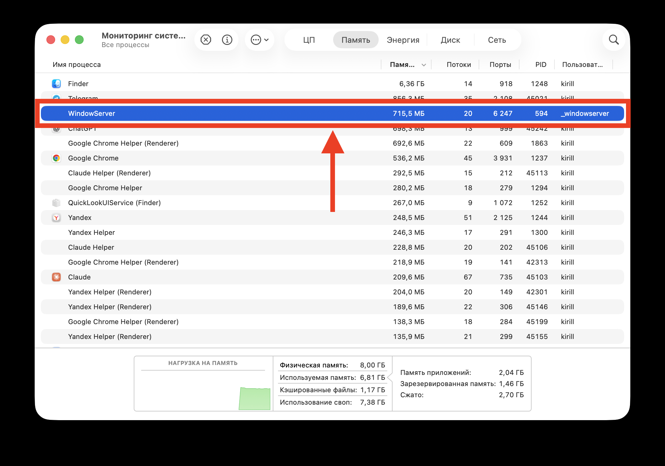 Что такое WindowServer на Mac. Вот эта штука поглощает оперативку и тратит ресурсы процессора, но закрывать ее нельзя. Фото.