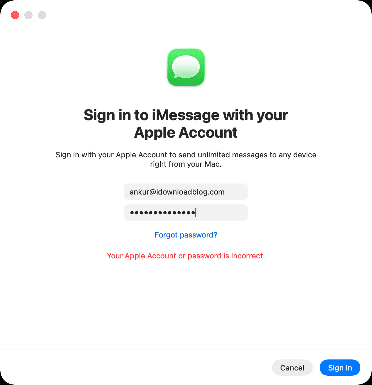 Не входит в iMessage на Mac из-за Apple Account. Вход может просто не срабатывать, несмотря на то, что вы вводите всё правильно. Фото.