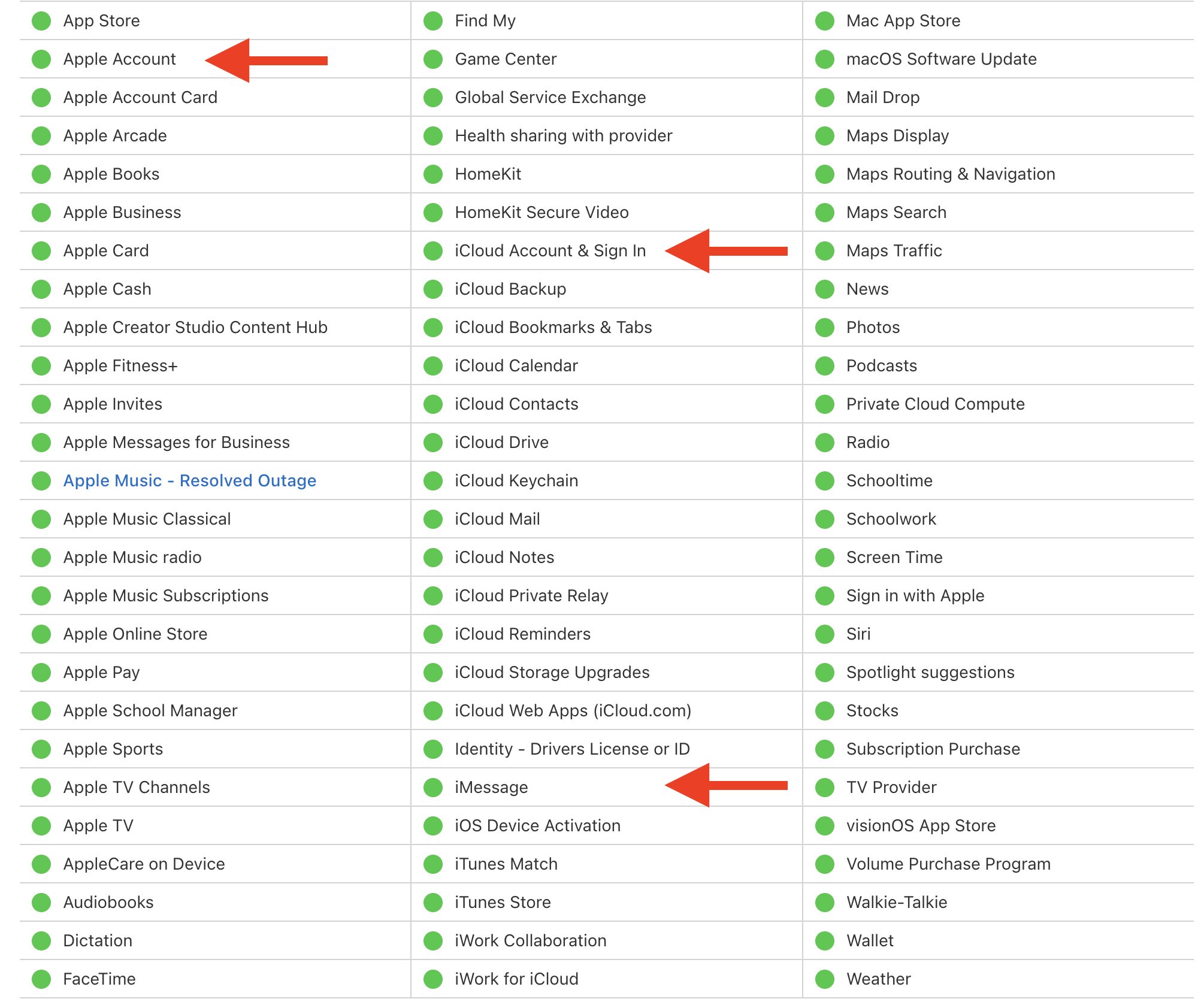Cтатус сервисов Apple. Проверьте статус. Может у Apple проблемы. Фото.