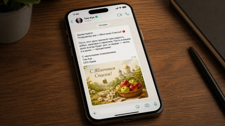 Тим Кук поздравил меня в Ватсапе с яблочным спасом. Как подделать любой скриншот в ChatGPT. Фото.