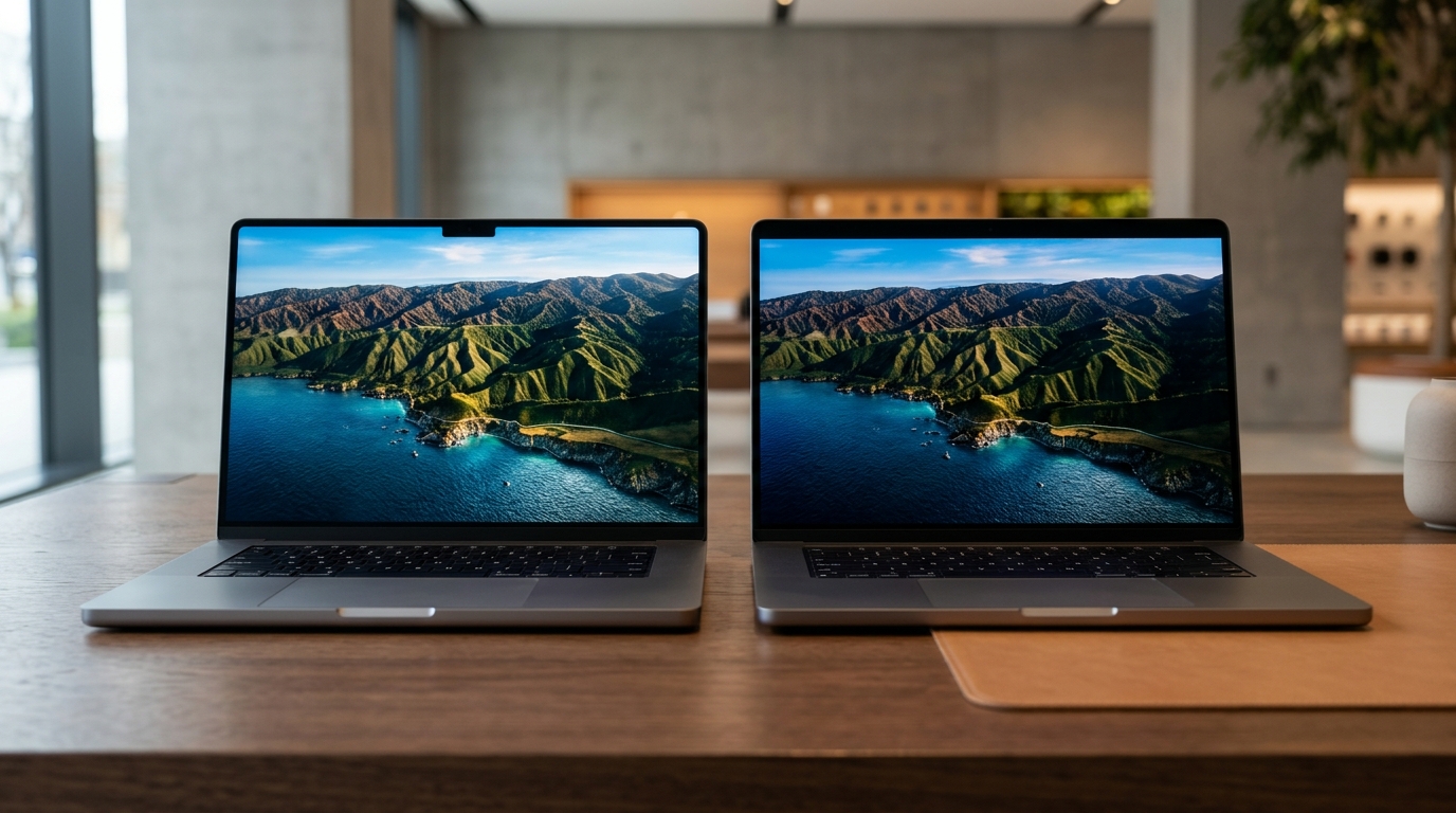 Нынешний MacBook Pro (слева) и концептуальное представление обновлённой модели