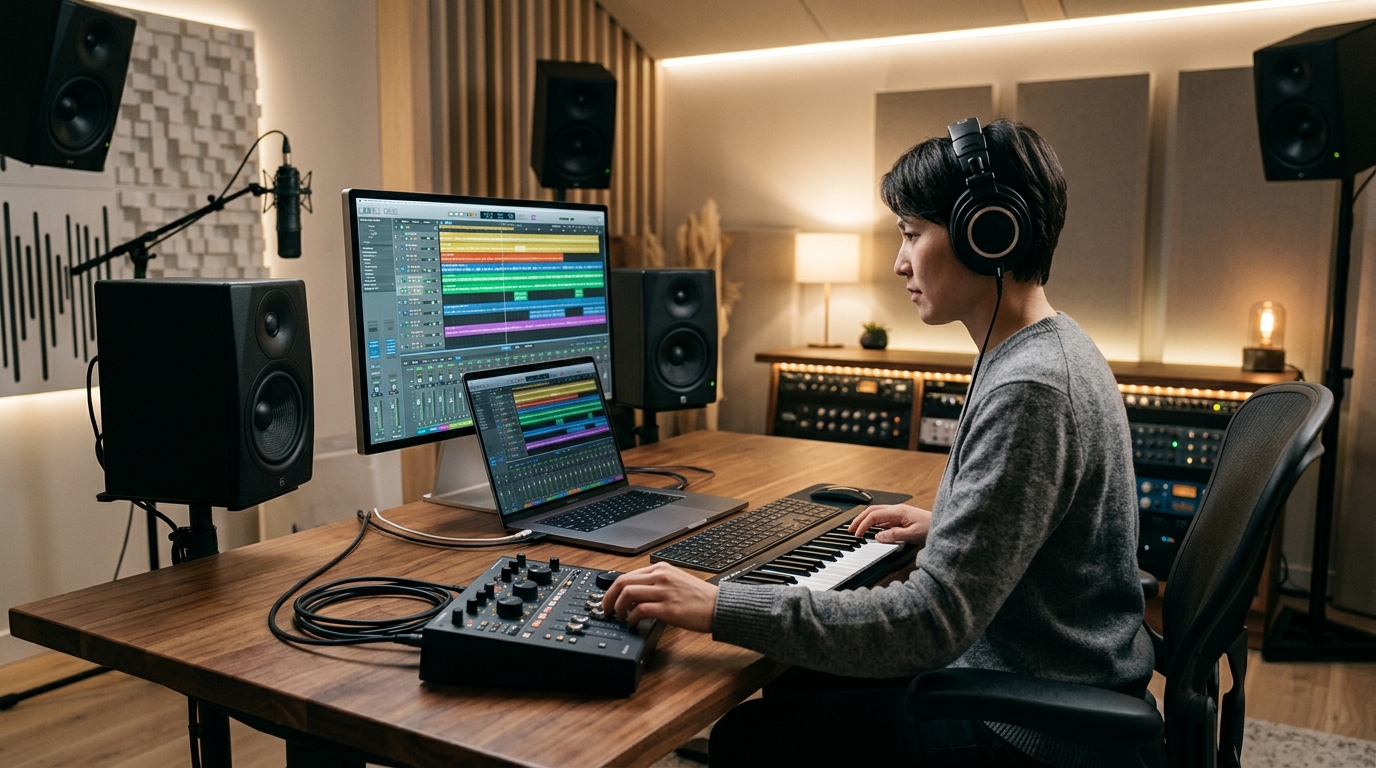 Студия звукозаписи с оборудованием для работы с пространственным аудио