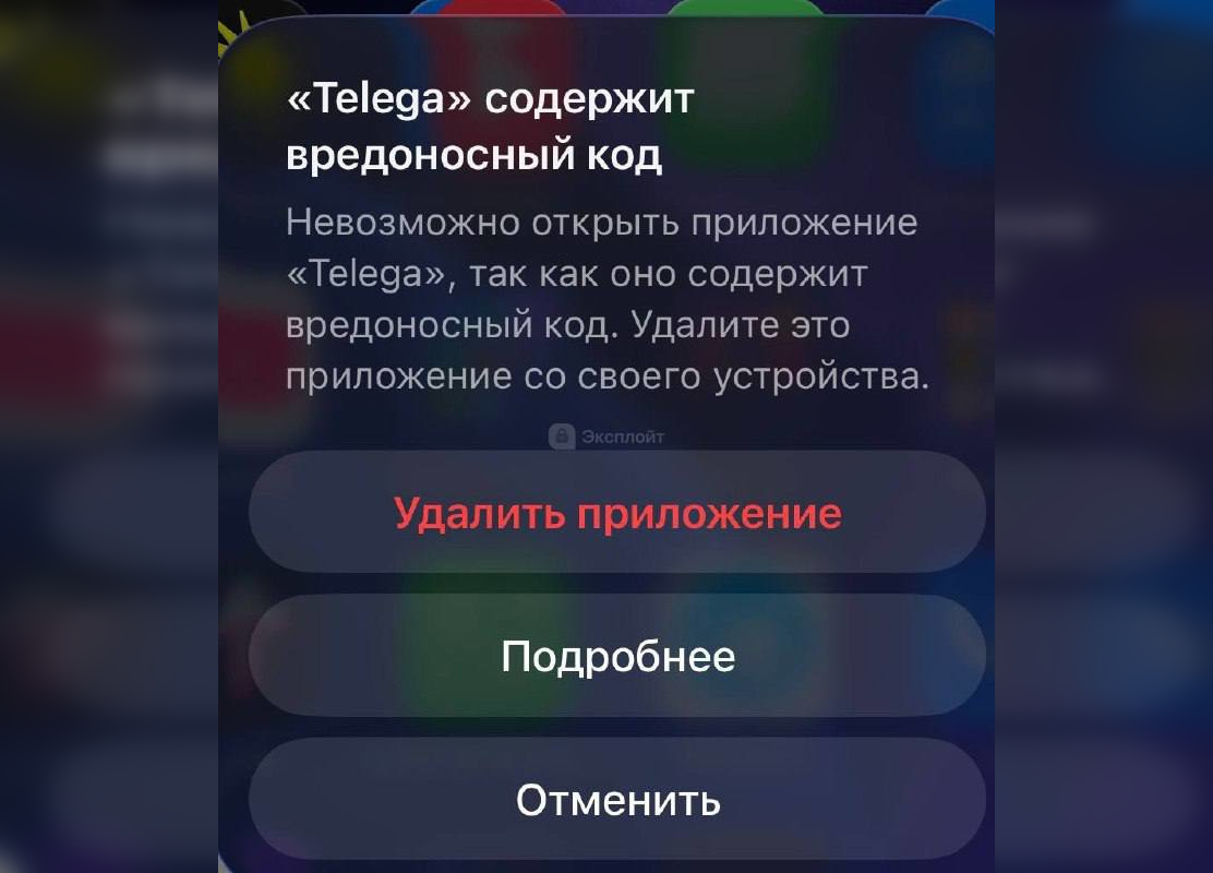 iPhone пишет, что Telega содержит вредоносный код — что это. Вот такое предложение появляется. Изображение: Эксплойт. Фото.