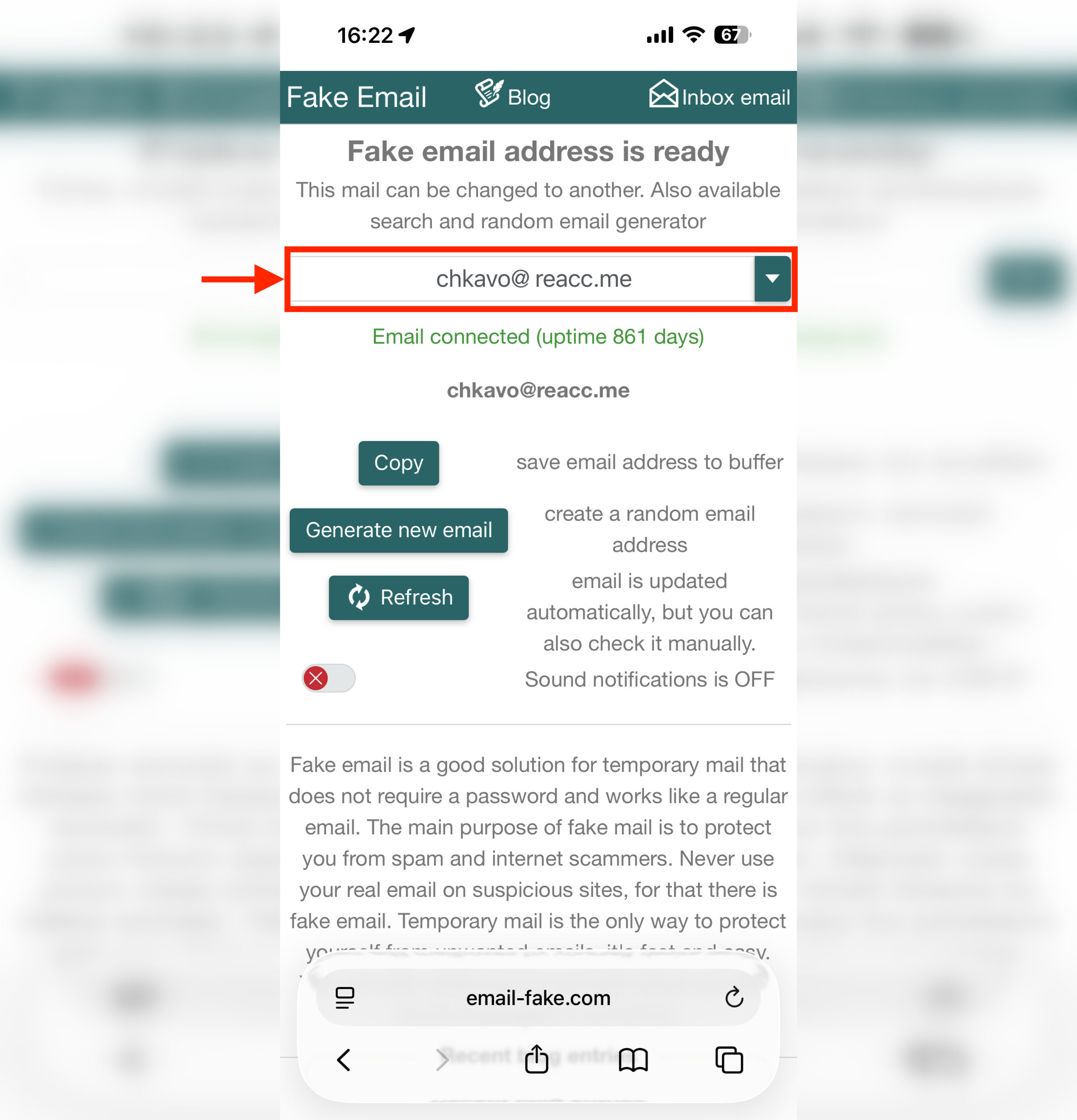 Как создать временную почту через Email-Fake. Просто переходите на сайт и вуаля. Если почта не подходит, просто перегенерируйте ее. Фото.