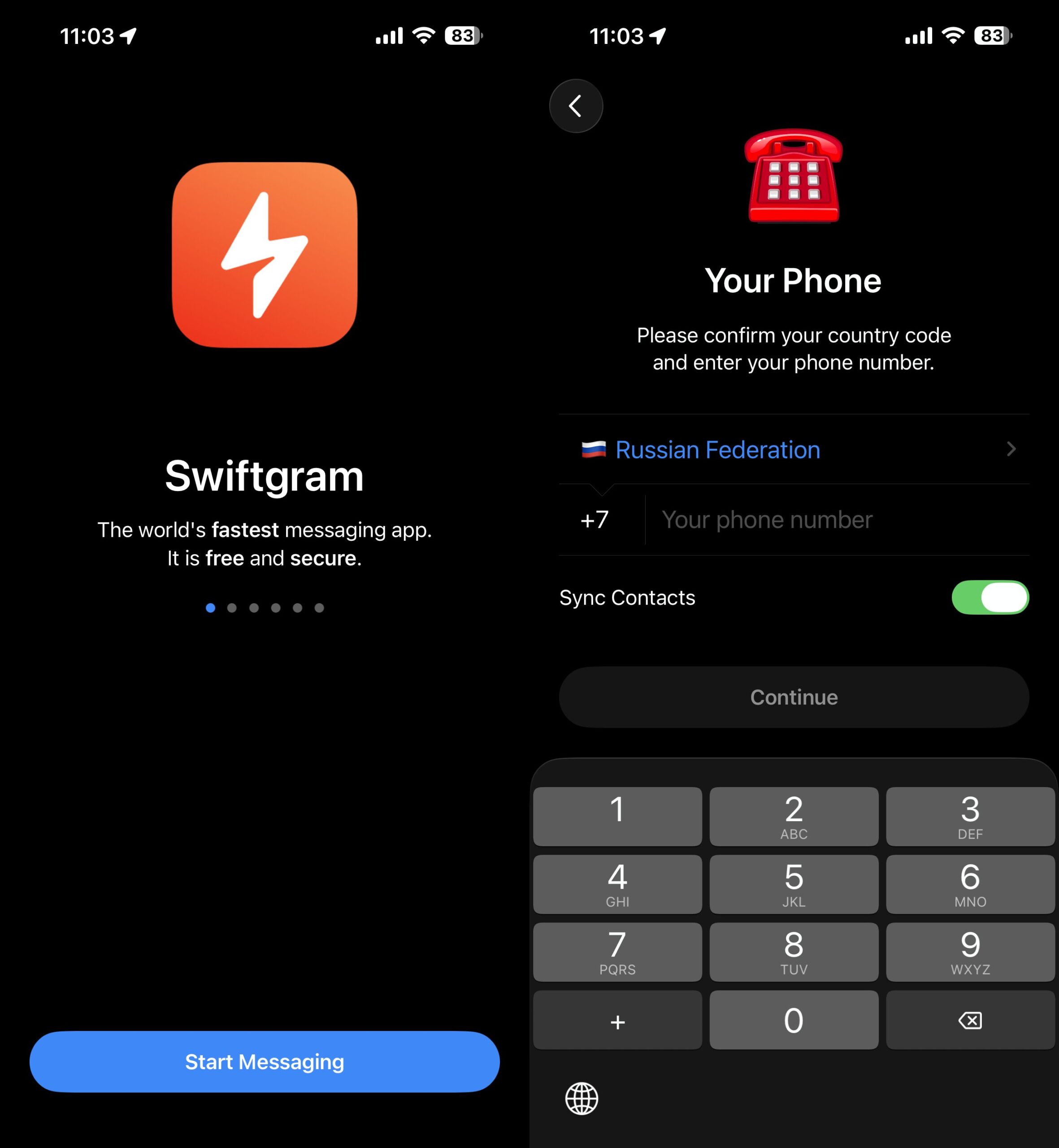 Установить второй Telegram на iOS: пошаговая инструкция. Авторизация в Swiftgram выглядит 1 в 1 как в Телеграме. Фото.