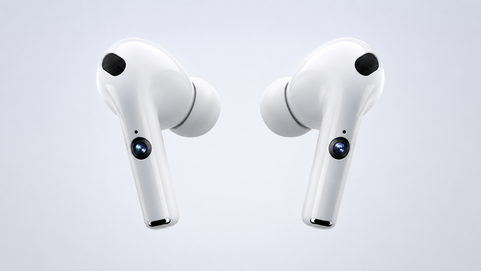 Чем AirPods с камерой будут отличаться от AirPods Pro. Ножка у наушников будет удлиненной, а рядом с камерой появится светодиод. Фото.