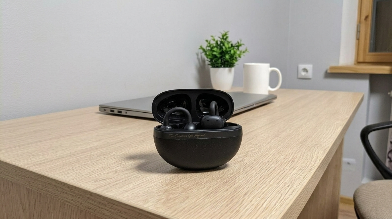 Наушники QCY CrossKy C50 — звучат хорошо, а стоят дешевле AirPods. На пробежке не выпали ни разу — а я бегаю по грунтовке, где трясёт прилично.. Фото.