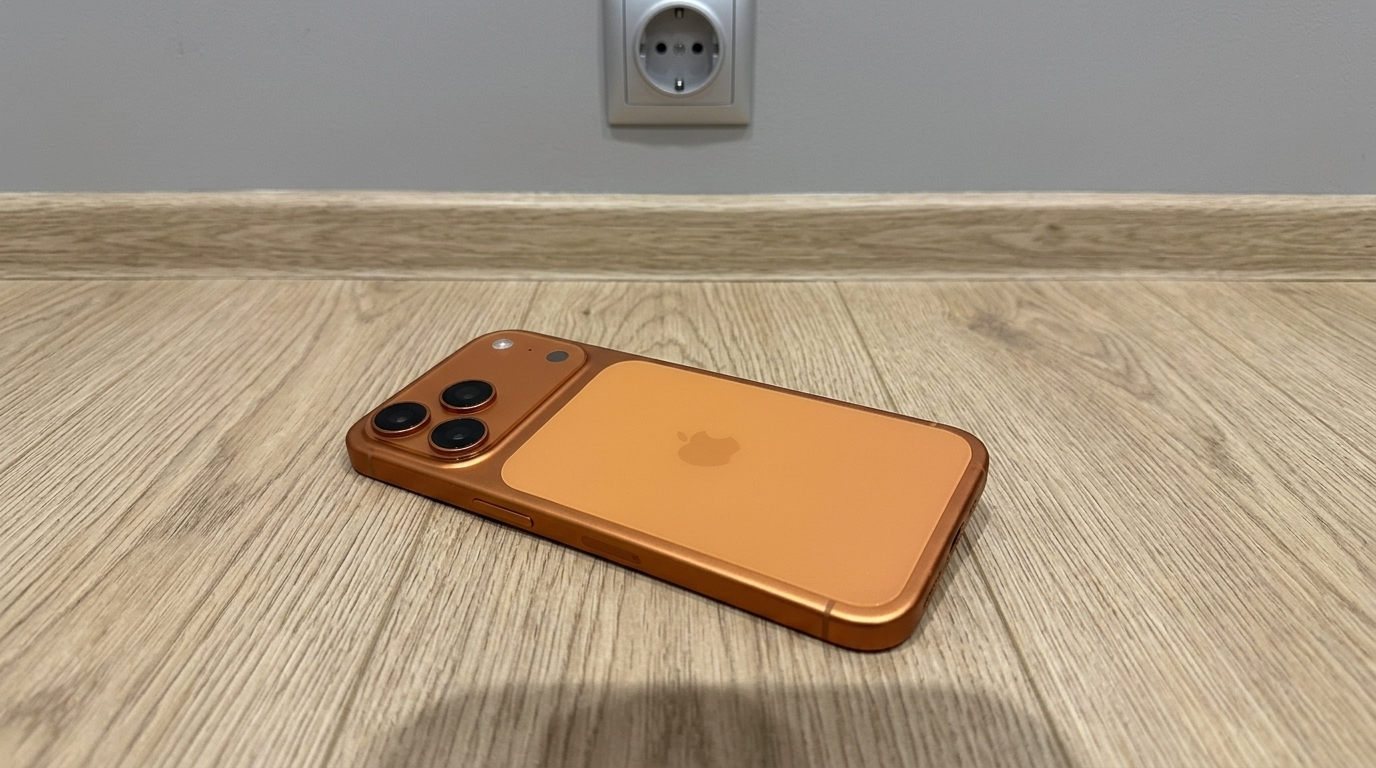 Копия iPhone 17 Pro Max — взял ради эксперимента. Оранжевый корпус, яблоко на месте — с трёх метров не отличить, вблизи — конечно да. Фото.