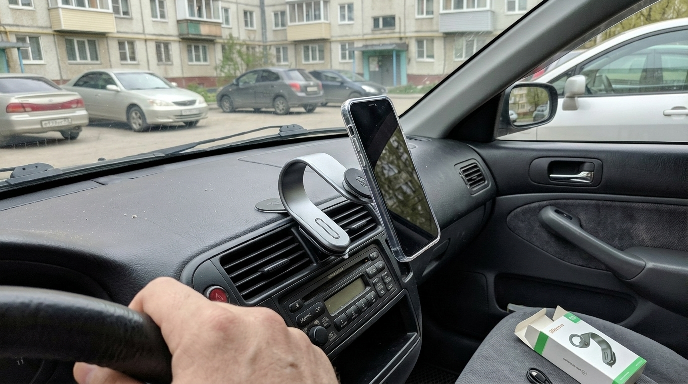 Магнитный держатель в машину — взял два, себе и отцу. iPhone больше не катается по подстаканнику — приклеился и стоит.. Фото.