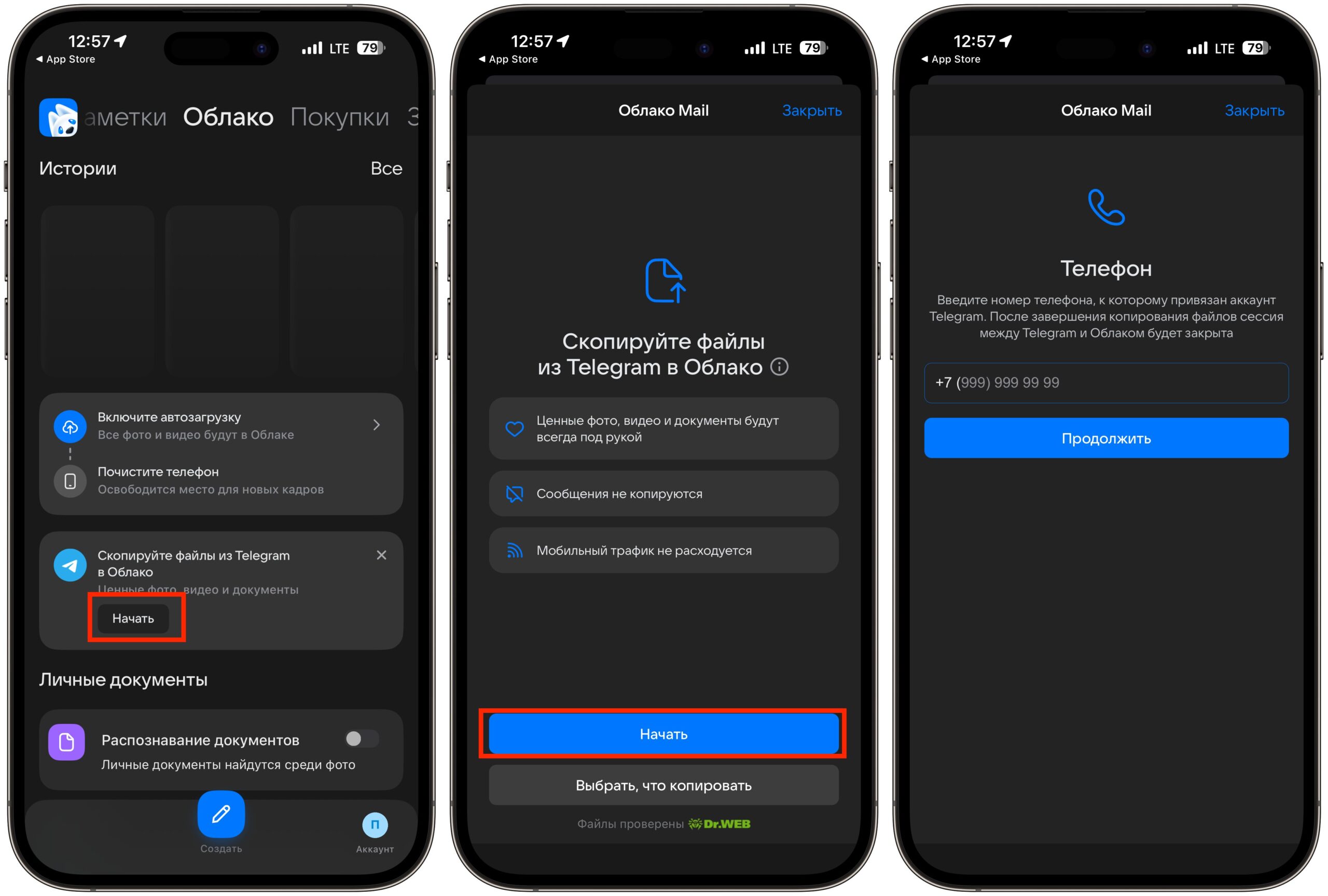 Пошаговая инструкция по переносу Telegram в Облако Mail.ru. Запустите копирование файлов. Фото.