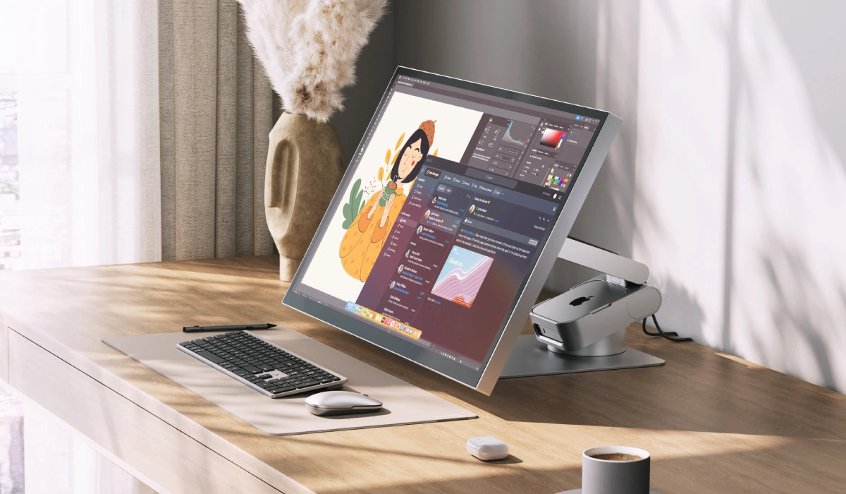 Как спрятать Mac mini за монитором без лишних проводов. Mac mini прячется в подставке сзади. Но имейте в виду, что войдет туда только модель с M4. Фото.