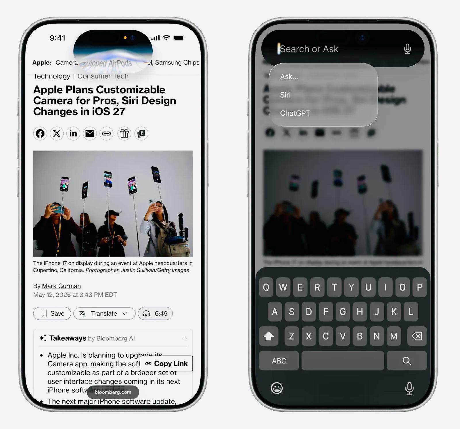 Что известно о новом дизайне iOS 27. Смахнули по Dynamic Island и открылся интерфейс Siri. Фото.
