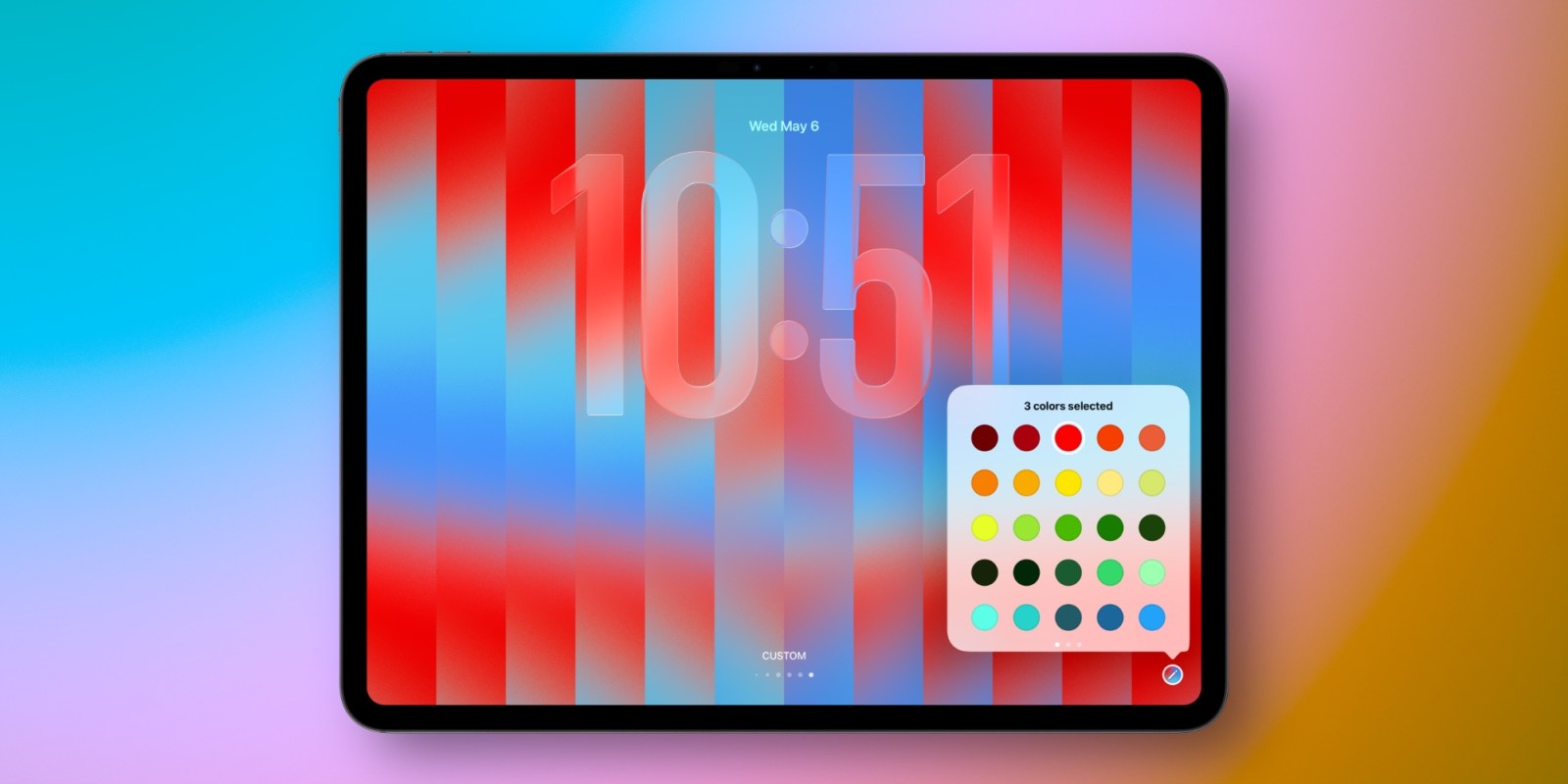 Новые обои в iPadOS 26.5. Суть в том, что вы можете настроить прикольные стеклянные обои разных цветов. Фото.