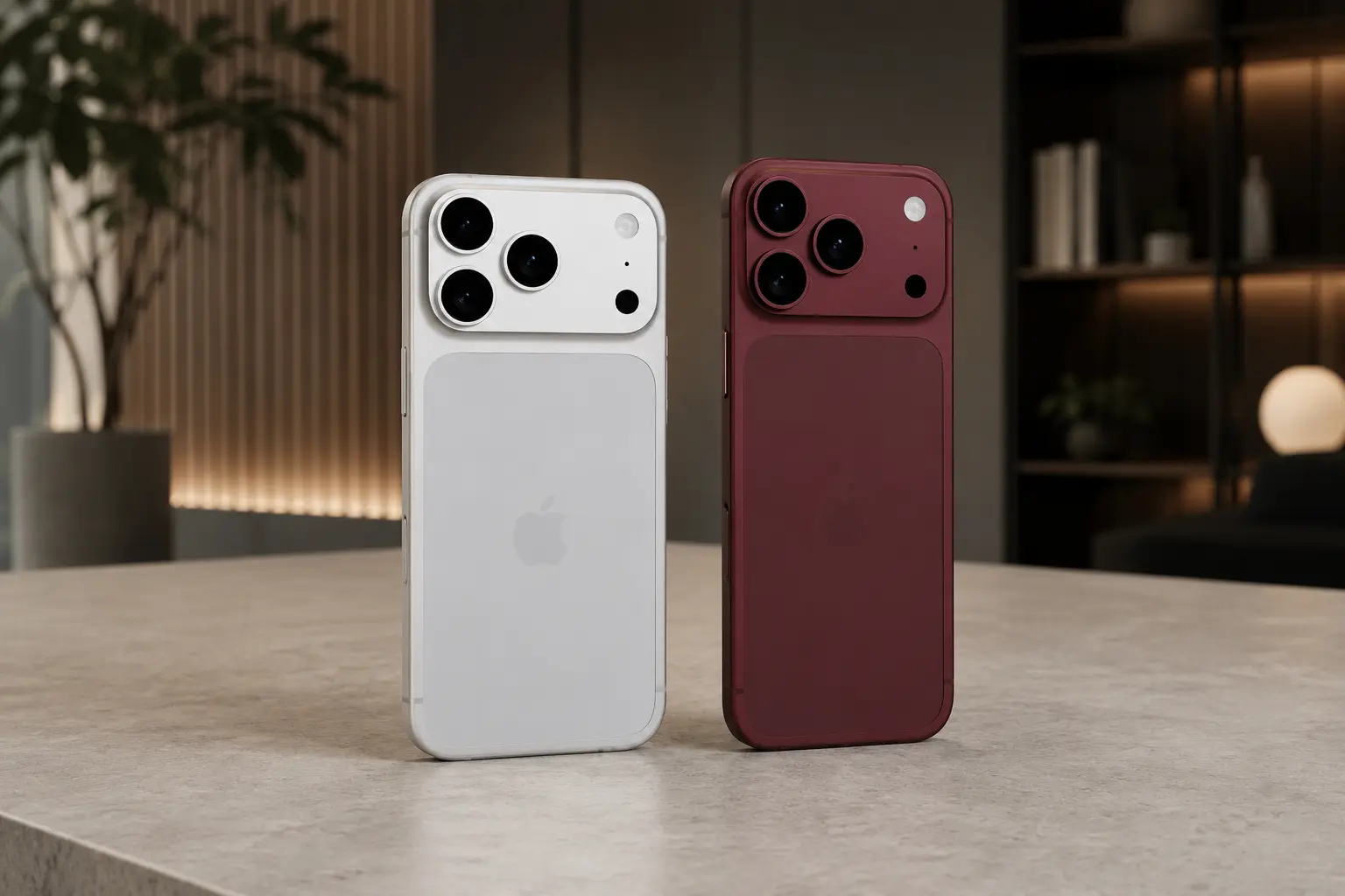 Почему цвета iPhone 18 Pro могут измениться до релиза. Вишневый iPhone 18 Pro Max рядом с серебристым iPhone 17 Pro Max. Фото.