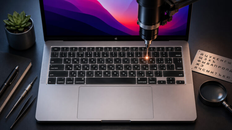 Опасно ли делать гравировку русских букв на клавиатуре MacBook. Фото.