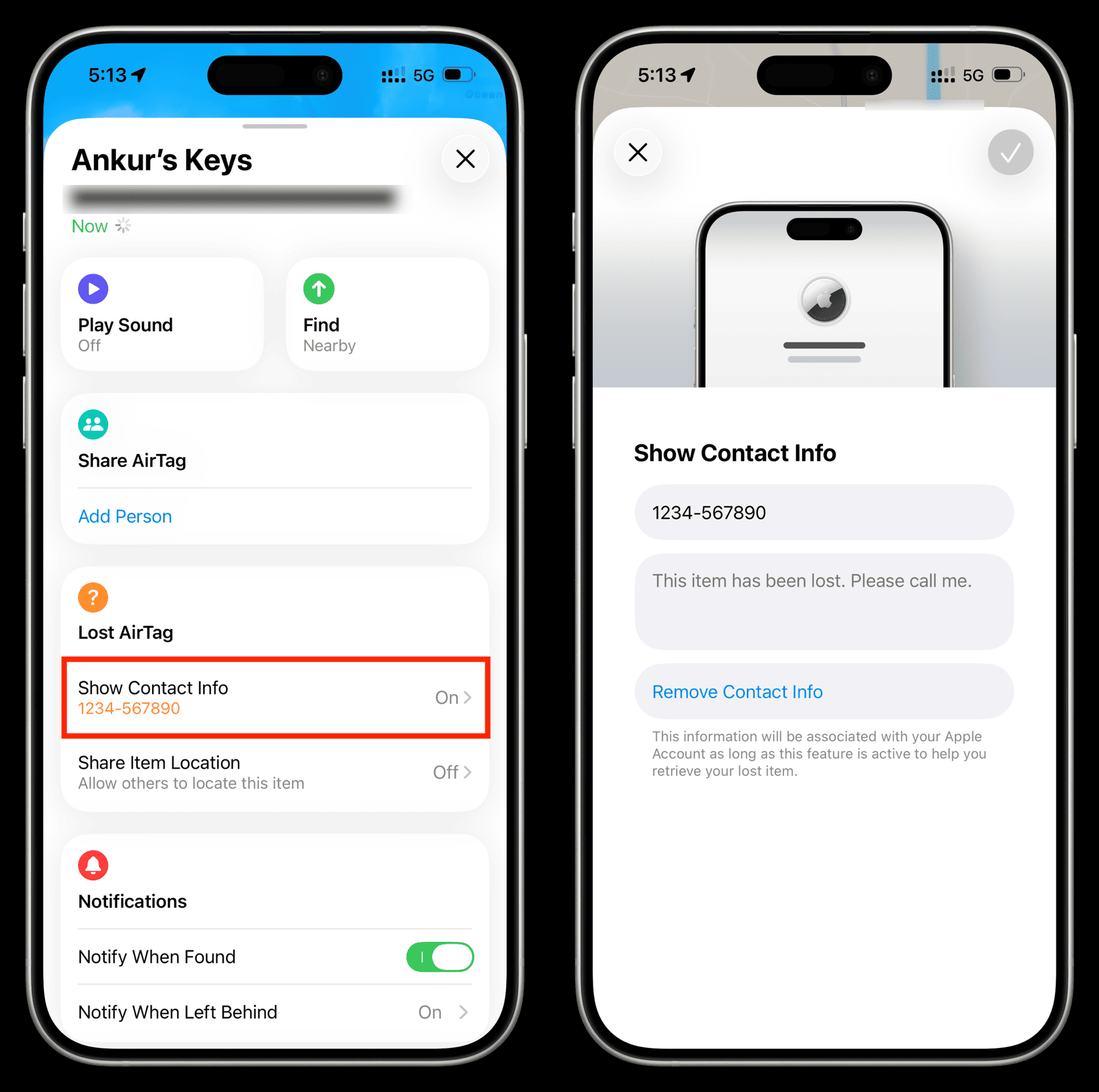 Изменить или удалить контактные данные AirTag. Контактные данные владельца при необходимости можно изменить. Фото.