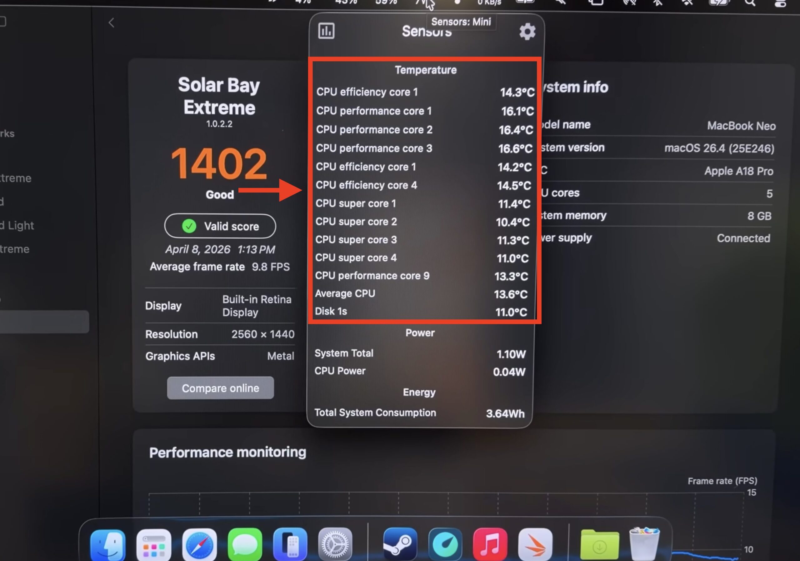 Как троттлинг влияет на производительность MacBook Neo. После установки охлаждения температура под нагрузкой держалась вот в таких значениях. Фото.