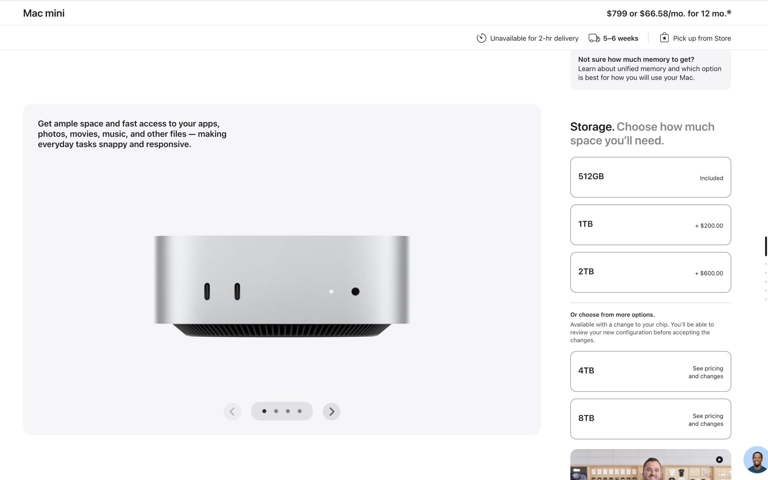 Какая версия Mac mini M4 исчезла из продажи. На странице магазинов Apple версия на 256 ГБ больше не отображается. Фото.