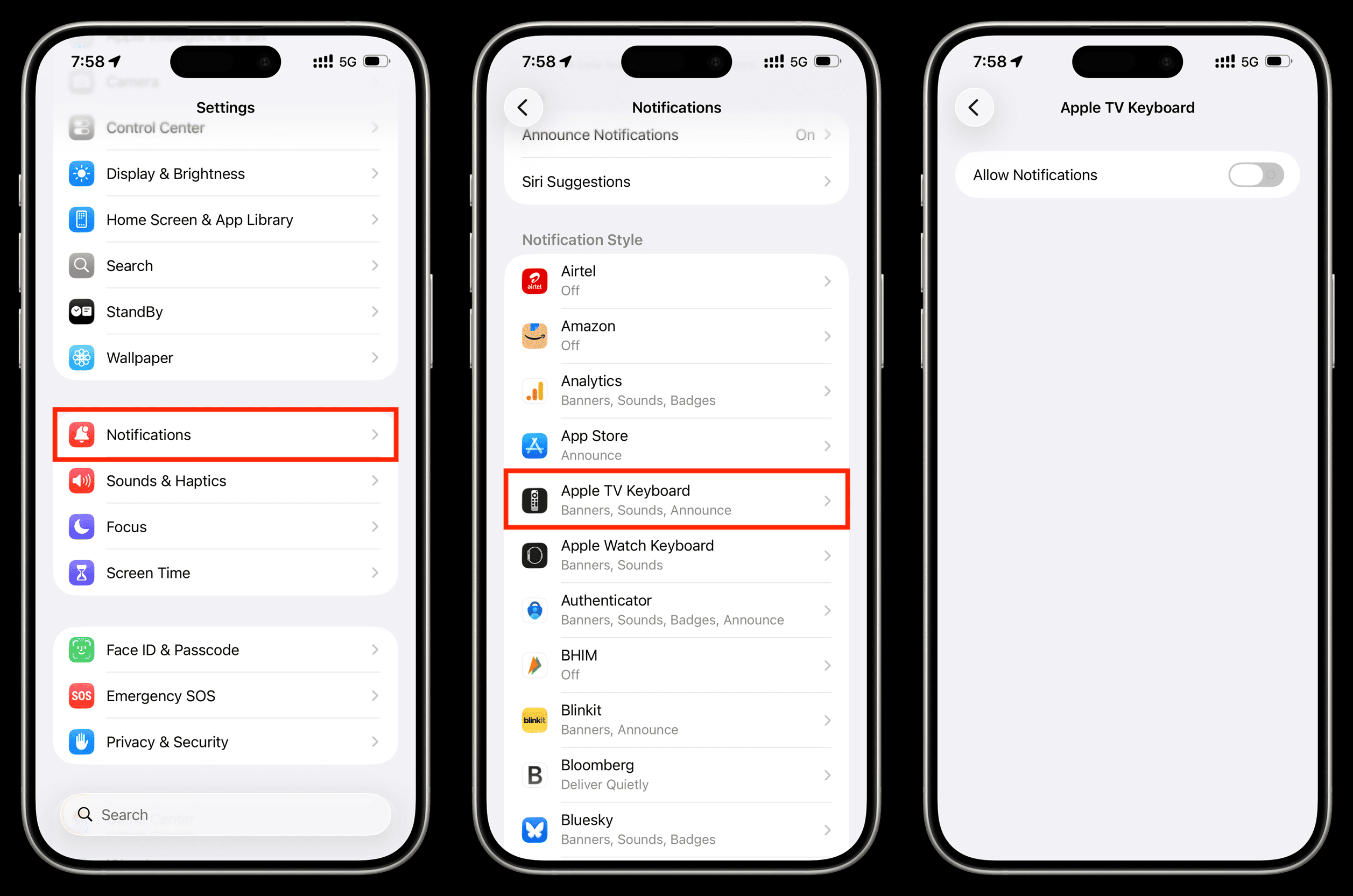 Как убрать уведомления клавиатуры Apple TV на iPhone. Отключите уведомления от клавиатуры Apple TV. Фото.