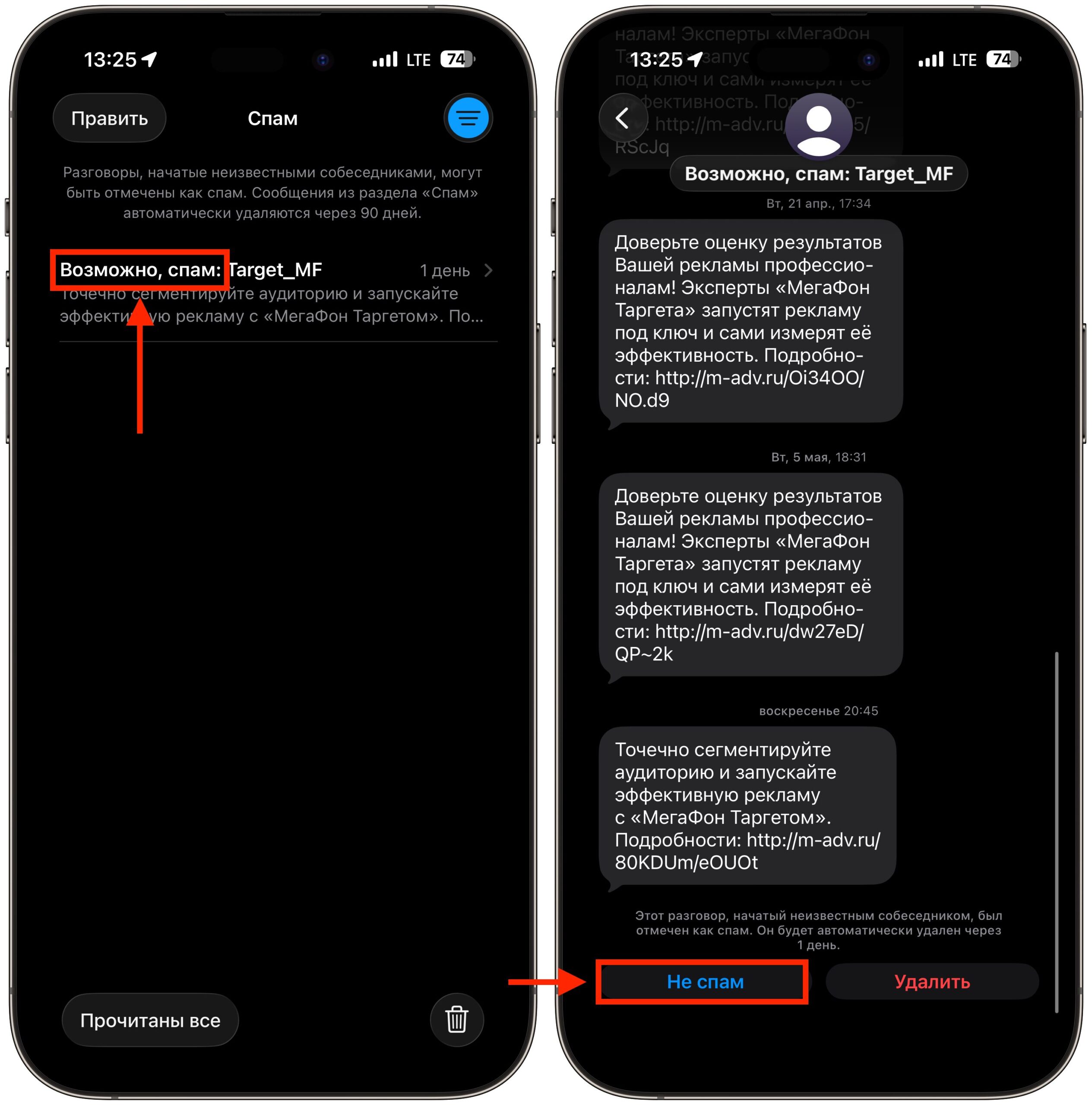Как вернуть сообщение из спама на iPhone. Если вы уверены, что это не спам, то можете вернуть диалог из этой папки. Фото.